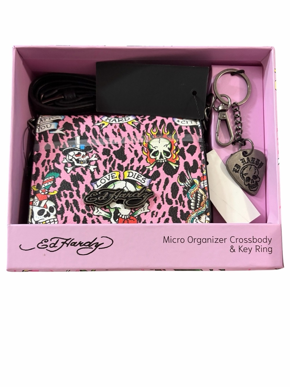 Ed Hardy Skull Design Black Mini Crossbody Bag wallet Card Holder keychain